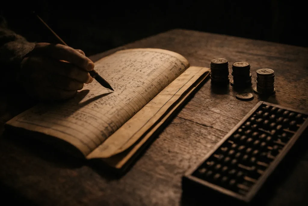 机の上に置かれた帳簿とそろばん、硬貨が写された場面