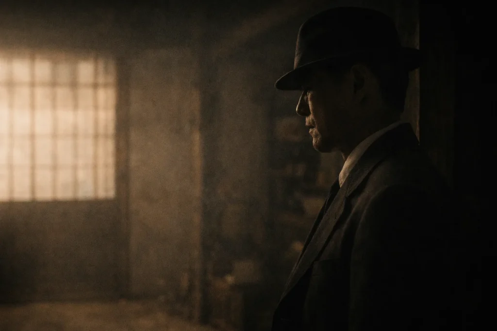 室内で横向きに立つ帽子をかぶった男性が、障子越しの光に照らされている場面
