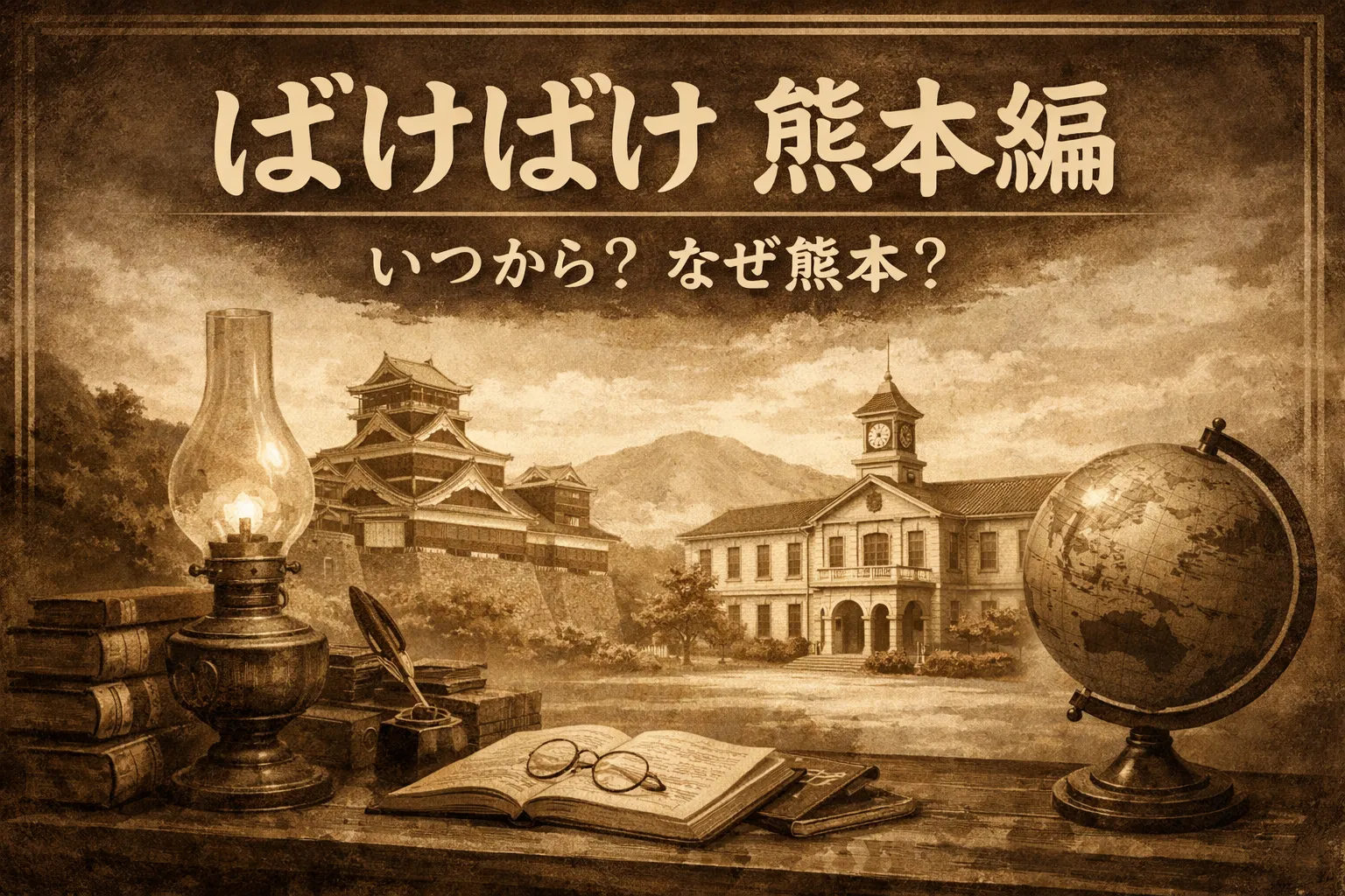 ばけばけ熊本編の舞台を象徴するイメージ。熊本城と明治期の学校建築を背景に、書物や地球儀が置かれた静かな風景で「いつから？なぜ熊本？」を表現したアイキャッチ画像。