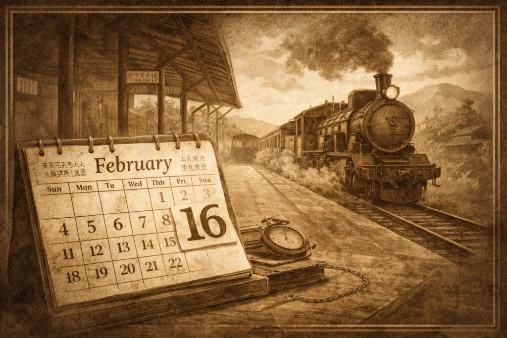 ばけばけ熊本編の開始時期を象徴するイメージ。2月16日を示すカレンダーと蒸気機関車が停車する駅の風景で、物語の舞台転換を表現した画像。