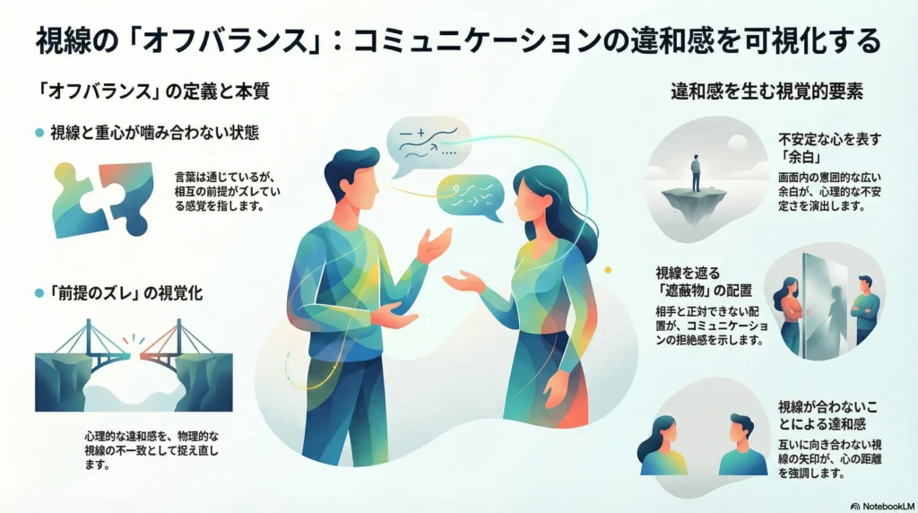 「視線の『オフバランス』を表現した構図案。遮蔽物と大きな余白により、コミュニケーションの不全や不安定な心を視覚化したもの。」