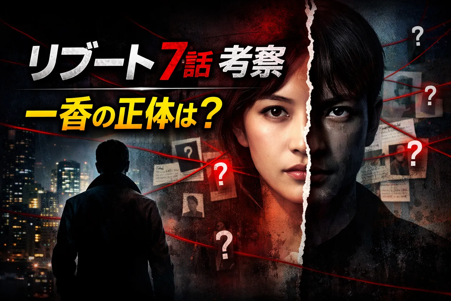 リブート第7話の考察アイキャッチ。中央に男女の顔が左右で分かれて重なり、左下には夜景を背に立つ男性の後ろ姿。背景には赤い糸と複数の「？」マークが張り巡らされ、「リブート7話考察　一香の正体は？」という文字が大きく配置されている。