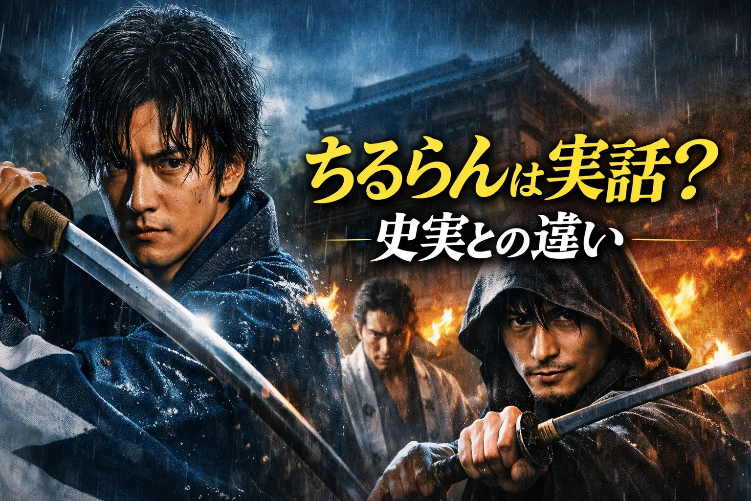 ちるらん新撰組鎮魂歌が実話かどうかを解説するアイキャッチ画像。雨の夜と炎を背景に、刀を構えた和装の男性2人と奥に1人が描かれ、中央に「ちるらんは実話？ 史実との違い」の文字が入っている。