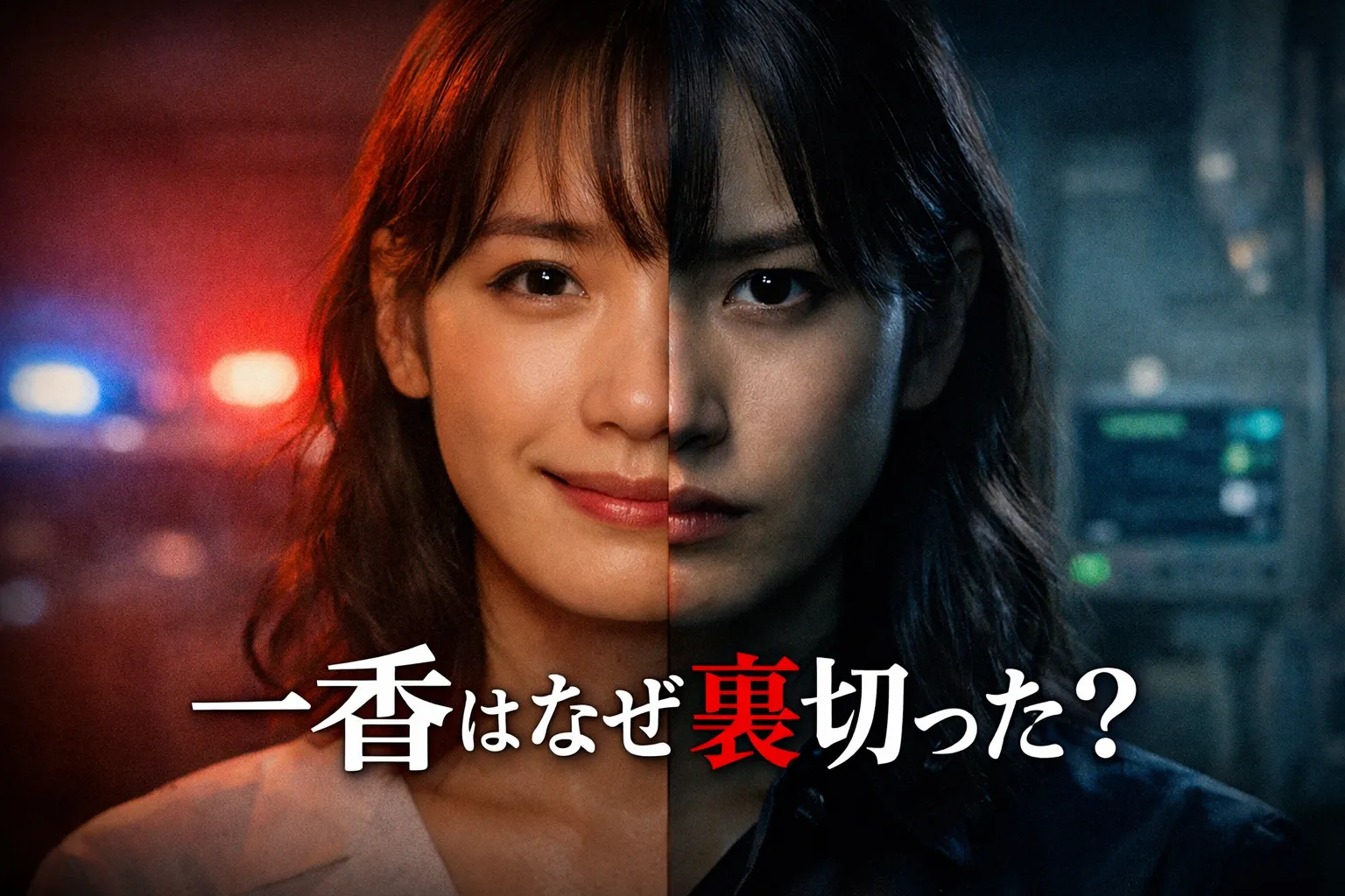 一香の二面性を表現したドラマ風アイキャッチ画像。中央に日本人女性の分割ポートレートが配置され、左側は暖色の光の中で穏やかな表情、右側は寒色の影の中で鋭い視線を向けている。背景にはぼかしたパトランプと医療機器の光が入り、画像下部に「一香はなぜ裏切った？」の文字が入っている。