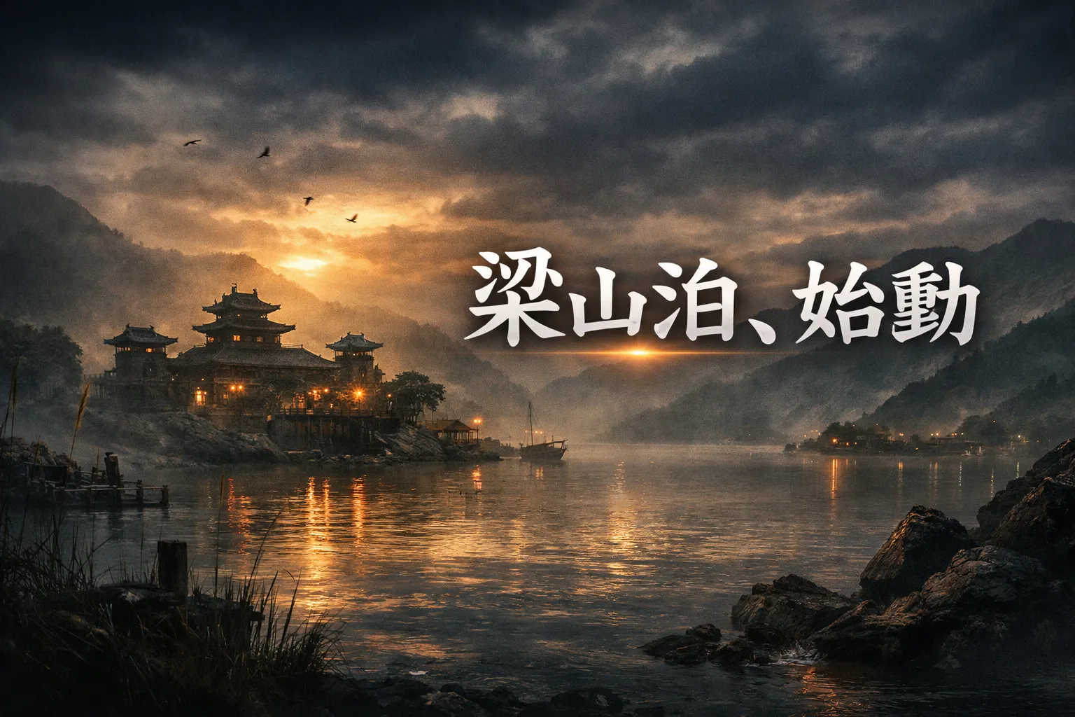 霧に包まれた湖上の砦と山並みを背景に、『梁山泊、始動』の文字を大きく配置した重厚感のあるアイキャッチ画像
