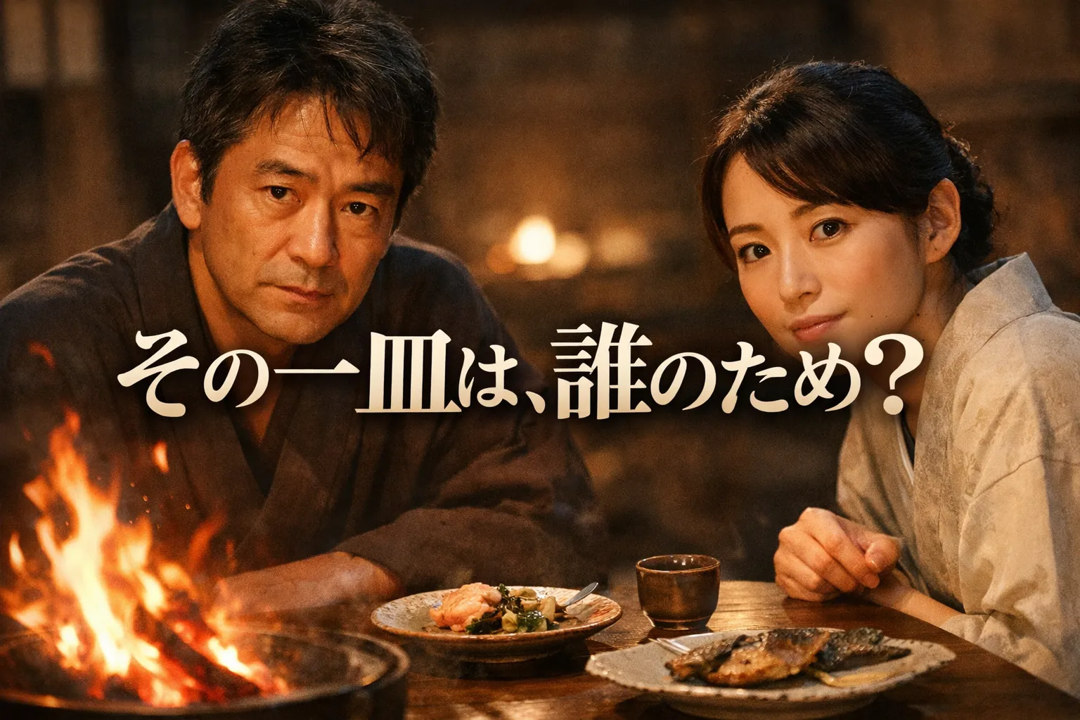 囲炉裏の火を前に、和服姿の男女が食卓越しにこちらを見つめる『魯山人のかまど』風のアイキャッチ画像。「その一皿は、誰のため？」の文字入り。