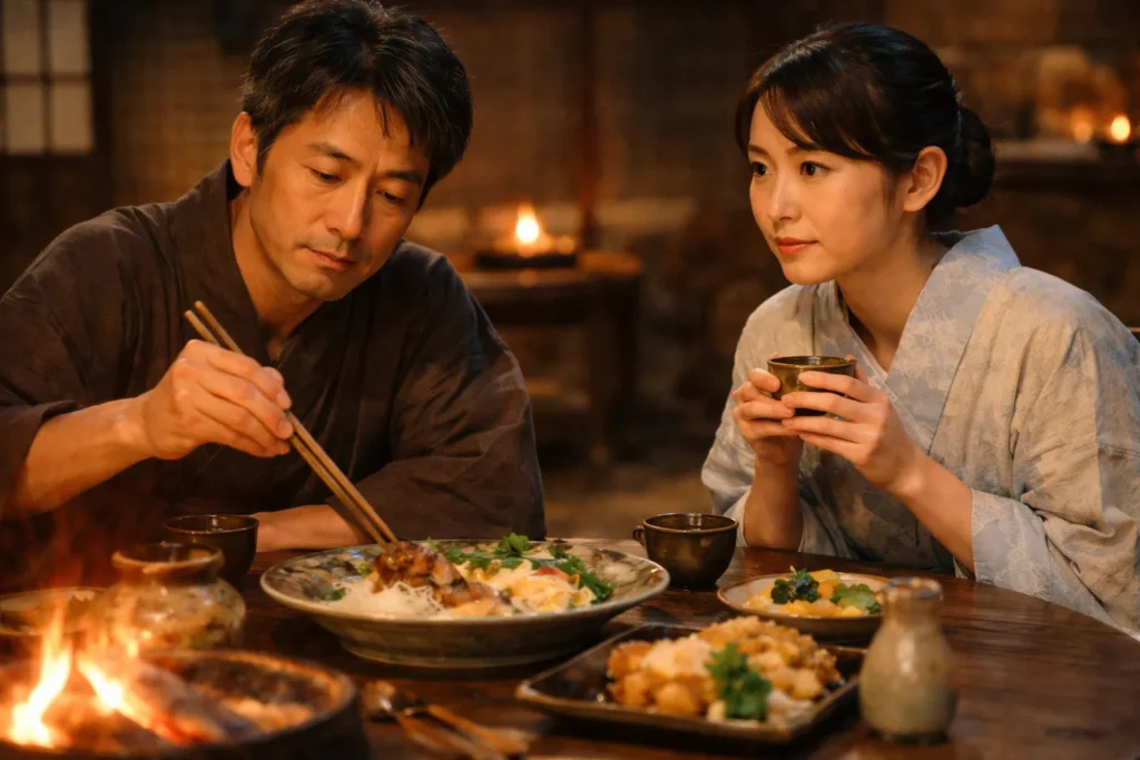 囲炉裏のある室内で、和服姿の男性が料理を取り分け、女性が湯のみを手に見つめる『魯山人のかまど』風の見出し画像。