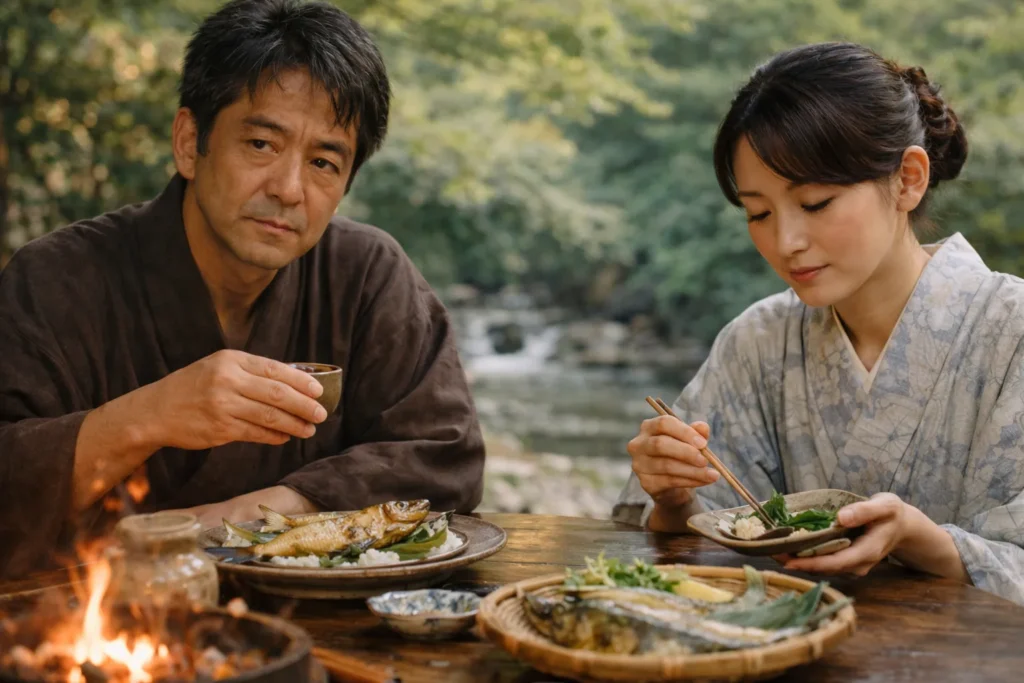 川辺の屋外で、和服姿の男女が鮎料理を囲む『魯山人のかまど』風の見出し画像。自然と食卓の静かな空気が印象的。