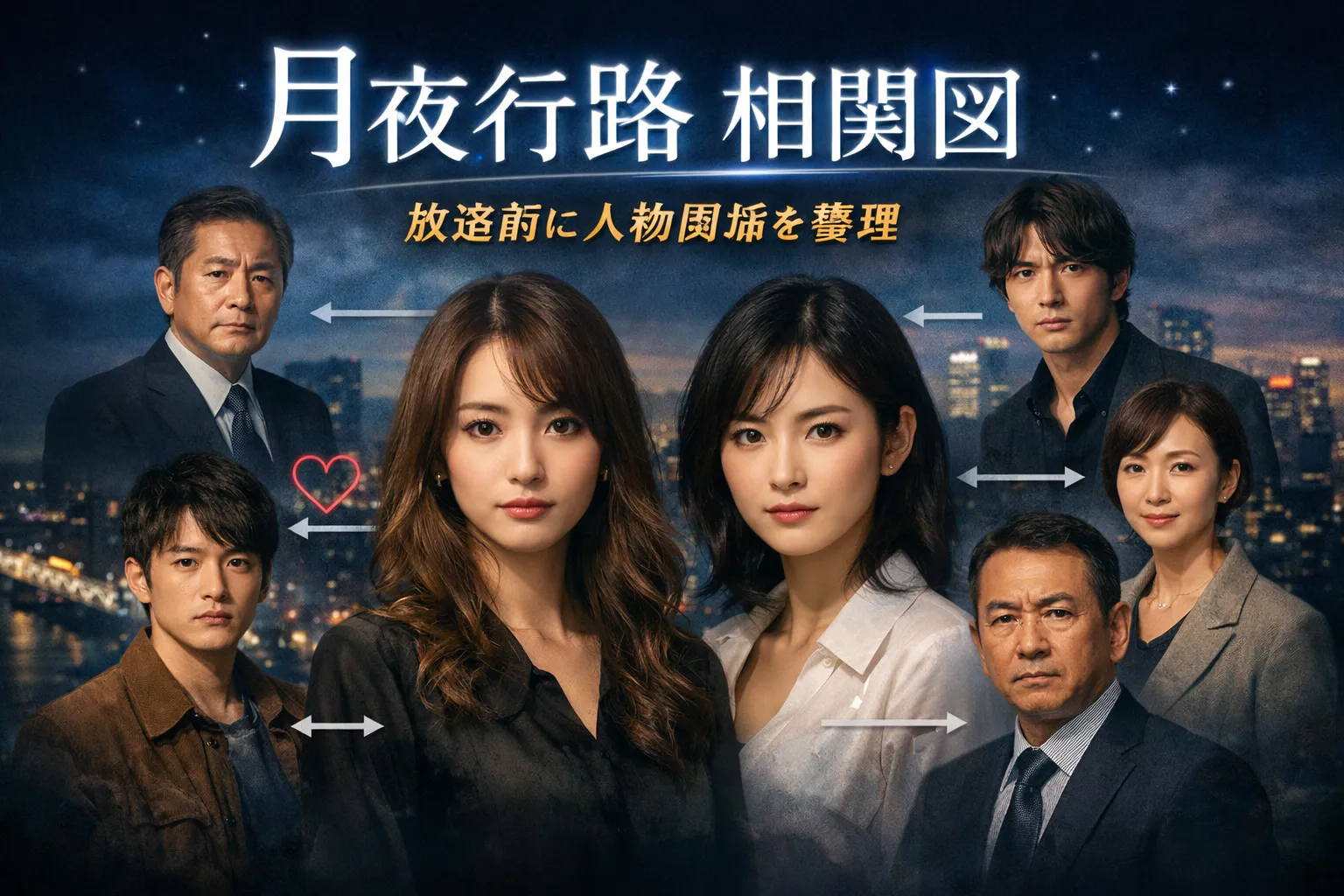 大阪の夜景を背景に主要人物を配置した『月夜行路 相関図』の実写風アイキャッチ画像