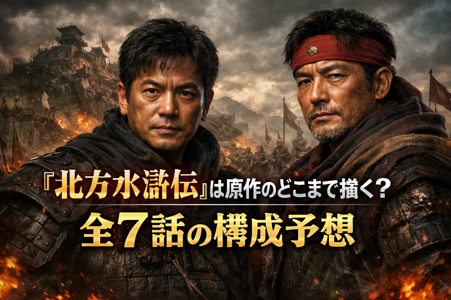 荒天の戦場と梁山泊を背に、二人の武人が正面を見据える実写風ビジュアル。『北方水滸伝』は原作のどこまで描く？ 全7話の構成予想という記事タイトル入りアイキャッチ画像