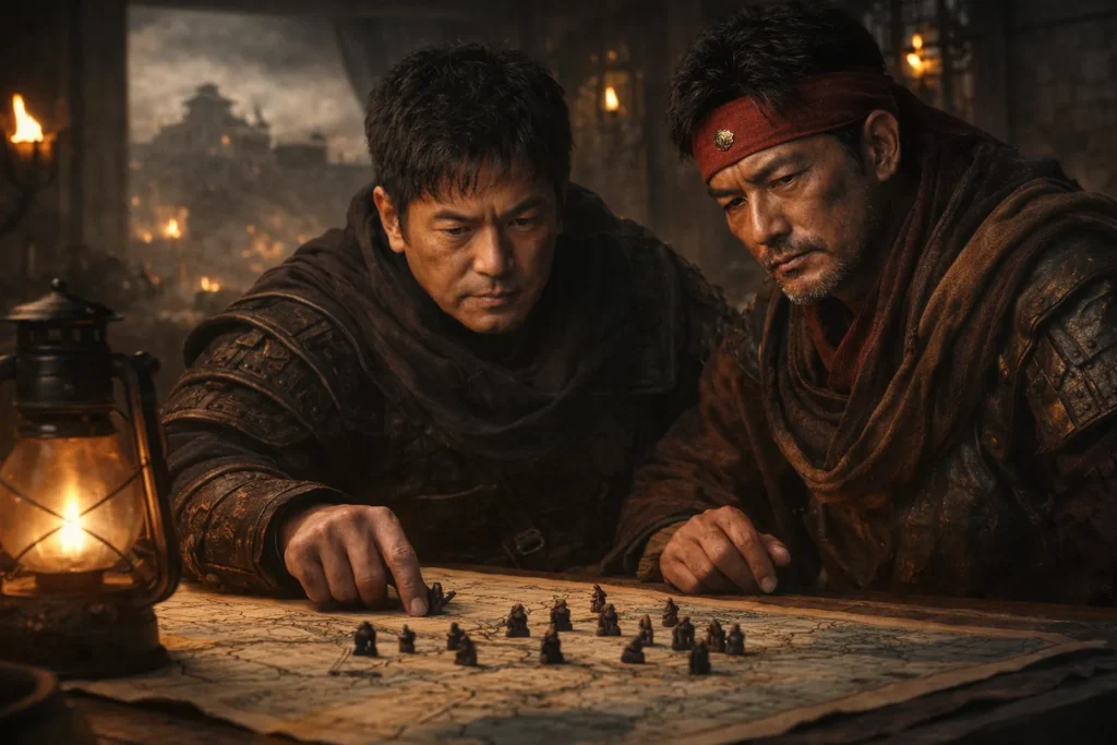 薄暗い作戦室で、二人の武人が地図と駒を前に梁山泊の行方を見据える実写風ビジュアル。全7話の構成予想と物語の着地点を象徴する見出し用画像