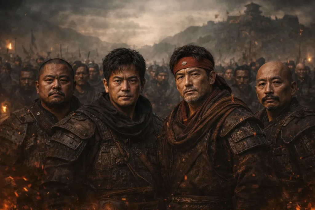 梁山泊を背に、宋江と晁蓋を中心に複数の好漢が並び立つ実写風ビジュアル。108人を均等に描かず、梁山泊の核となる人物を際立たせる見出し用画像