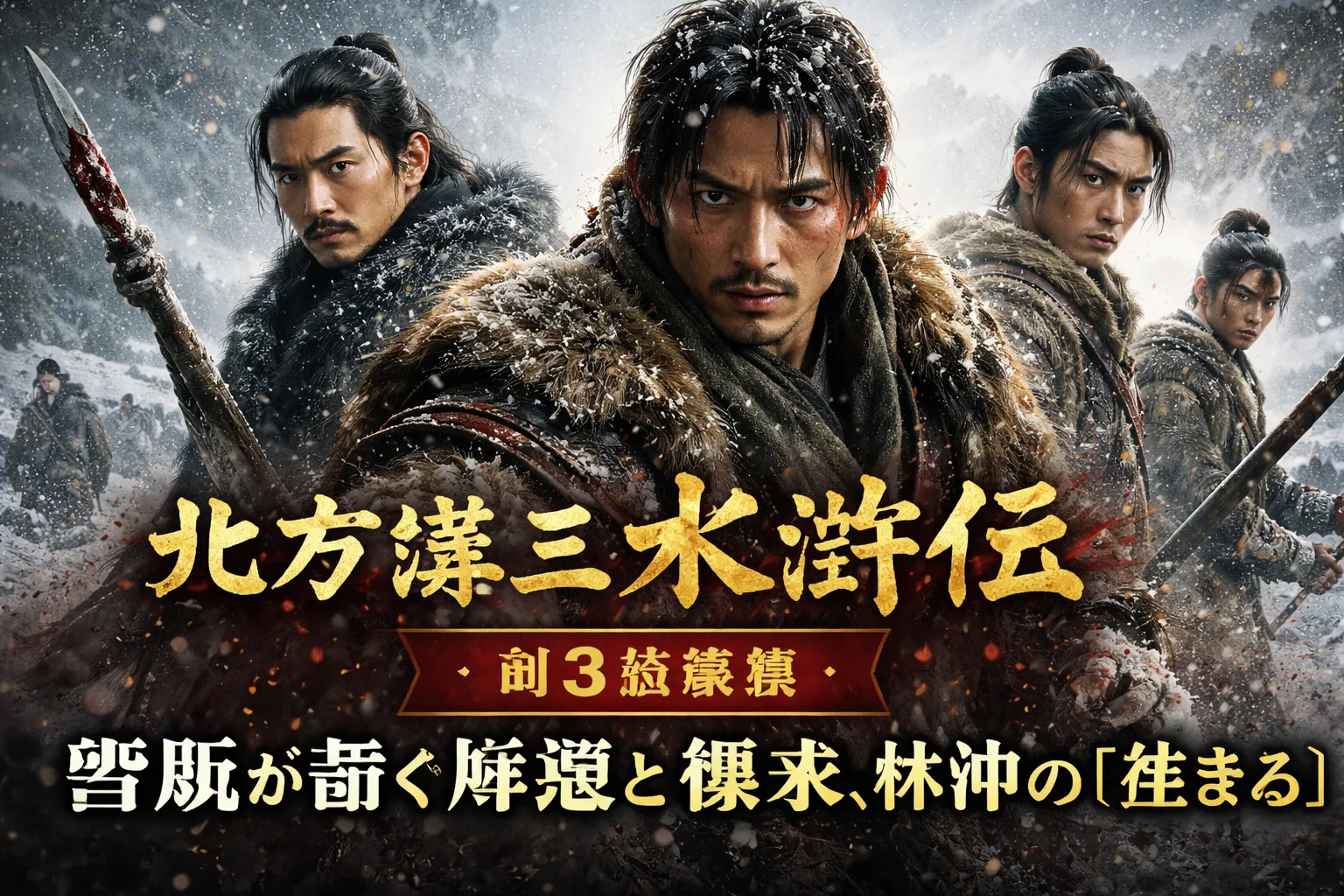 『北方謙三 水滸伝』第3話感想のアイキャッチ画像。雪原を背景に、時代衣装の日本人男性たちが鋭い表情で並ぶ、帰還と継承、林冲の『生きろ』をイメージした重厚なビジュアル