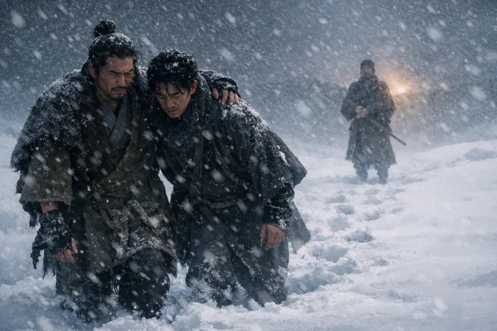 『北方謙三 水滸伝』第3話の第1見出し用画像。吹雪の雪原で日本人男性2人が肩を貸し合いながら進み、遠景にもう1人が立つ、帰還と信頼の地図を表現した重厚なビジュアル