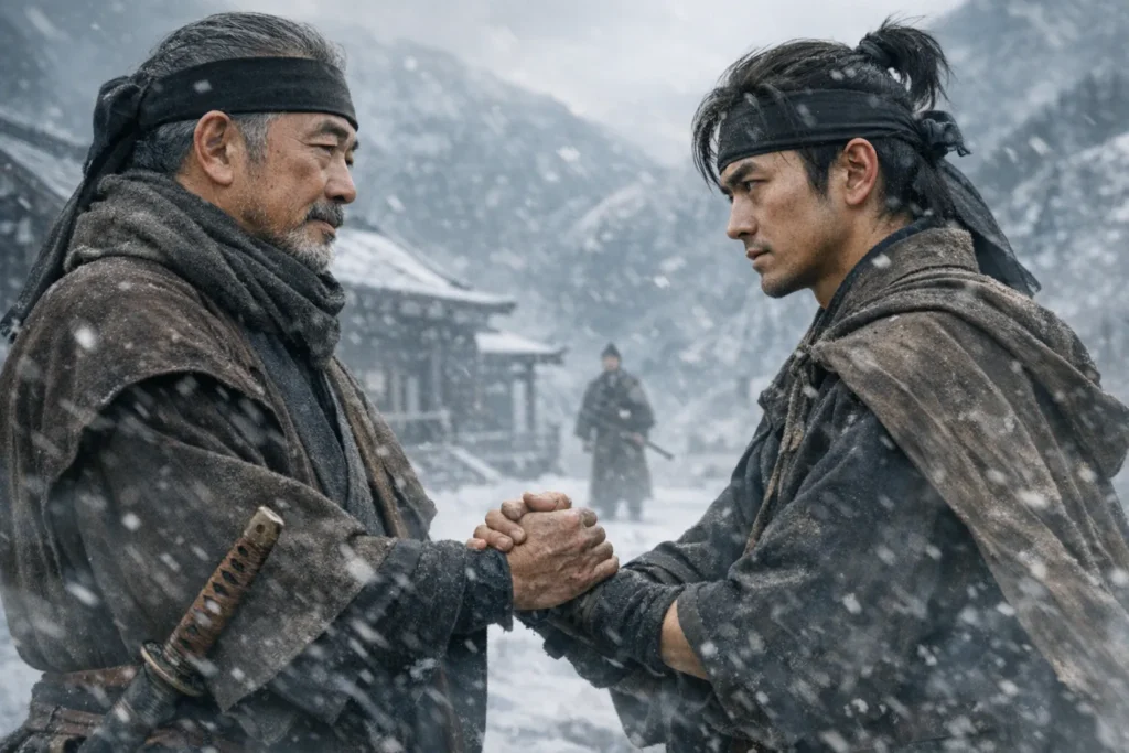 『北方謙三 水滸伝』第3話の第1見出し用画像。吹雪の雪原で日本人男性2人が肩を貸し合いながら進み、遠景にもう1人が立つ、帰還と信頼の地図を表現した重厚なビジュアル