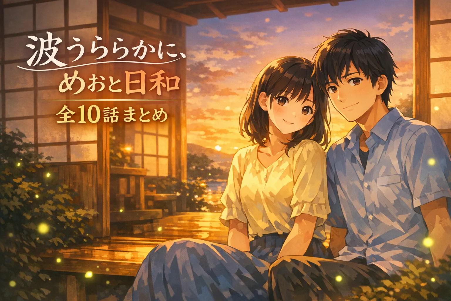 『波うららかに、めおと日和』全10話まとめのアイキャッチ画像。昭和の家の縁側で寄り添う男女二人と、夕焼け空に舞う蛍が描かれている。