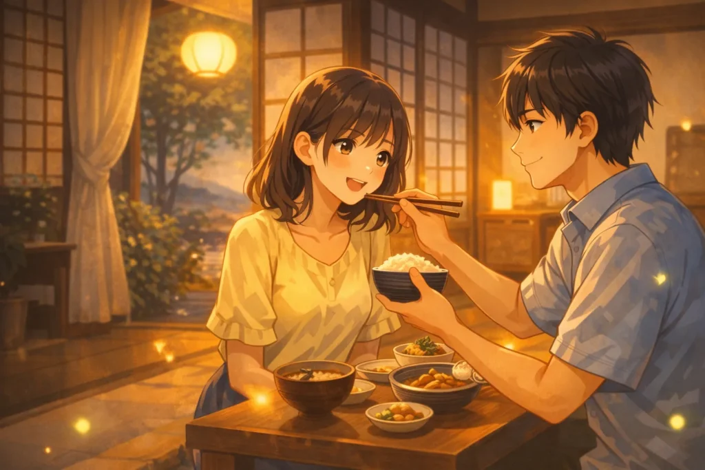 『波うららかに、めおと日和』全体の魅力を表現した画像。昭和の家の食卓で向かい合う男女二人が、やわらかな灯りの中で穏やかな時間を過ごしている。