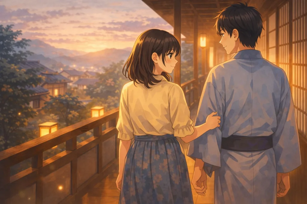 『波うららかに、めおと日和』の続編への期待をイメージした画像。夕暮れの和風建築の廊下を並んで歩く男女二人が、これから先の時間を感じさせる穏やかな雰囲気で描かれている。