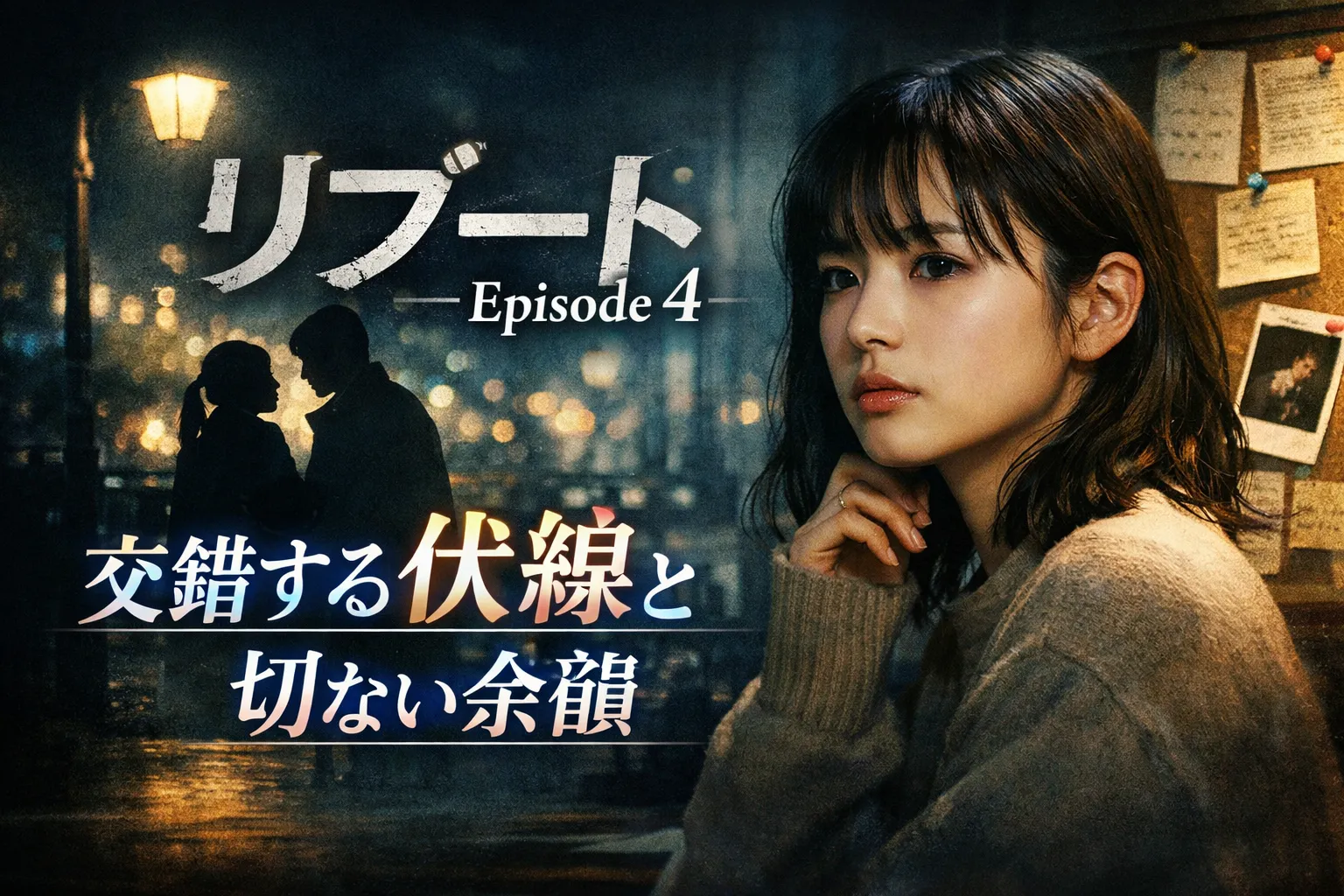 夜景を背に、伏線に満ちた表情を浮かべる若い女性と、街灯の下で向き合う男女のシルエットを描いた『リブート』第4話考察記事のアイキャッチ画像。