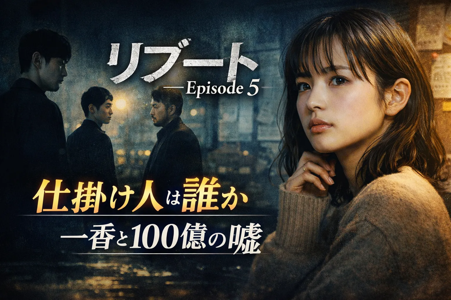 夜の街を背景に、鋭い表情の若い女性と向かい合う2人の男性を配置した『リブート』第5話のアイキャッチ画像。画面には「リブート Episode 5」「仕掛け人は誰か 一香と100億の嘘」の文字が入っている。