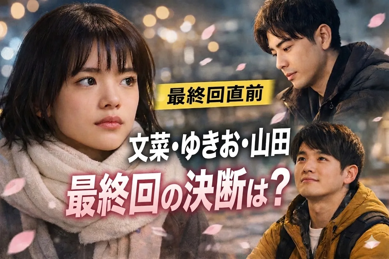 夜の街を背景に、クリーム色のスカーフを巻いた主人公・文菜（杉咲花）の横顔が左側に大きく配置されています。右側には、ゆきお（成田凌）がネイビーのジャケットを着て下を向いている姿と、山田（内堀太郎）がマスタード色のパーカーを着て上を見つめている姿が描かれています。夜景のボケと舞い散る桜の花びらがロマンチックな雰囲気を醸し出しています。テキストは、黄色いボックスに「最終回直前」、中央に白文字で「文菜・ゆきお・山田」、その下にピンクのグラデーション文字で「最終回の決断は？」と記されています。