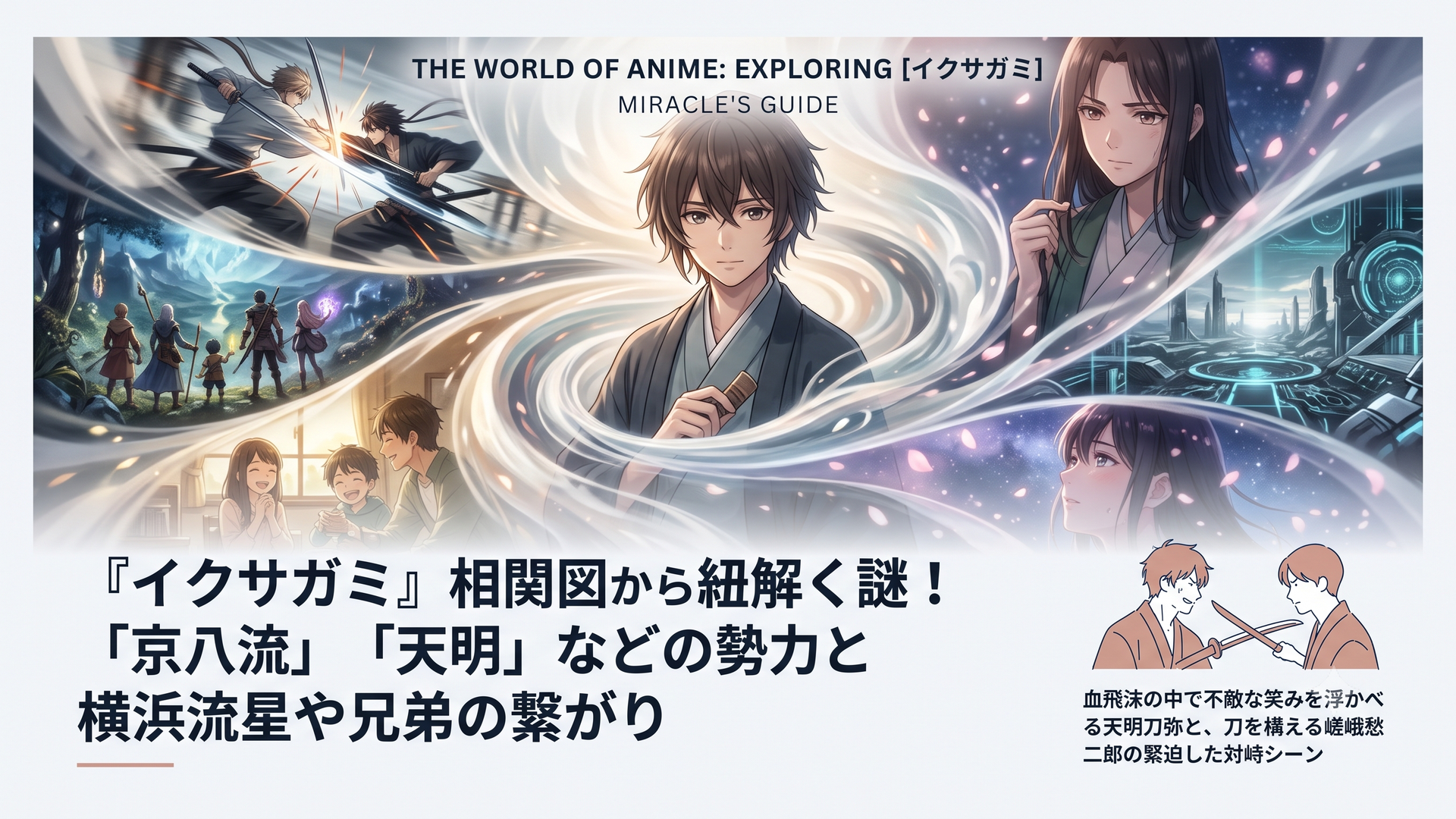血飛沫の中で不敵な笑みを浮かべる天明刀弥と、刀を構える嵯峨愁二郎の緊迫した対峙シーン