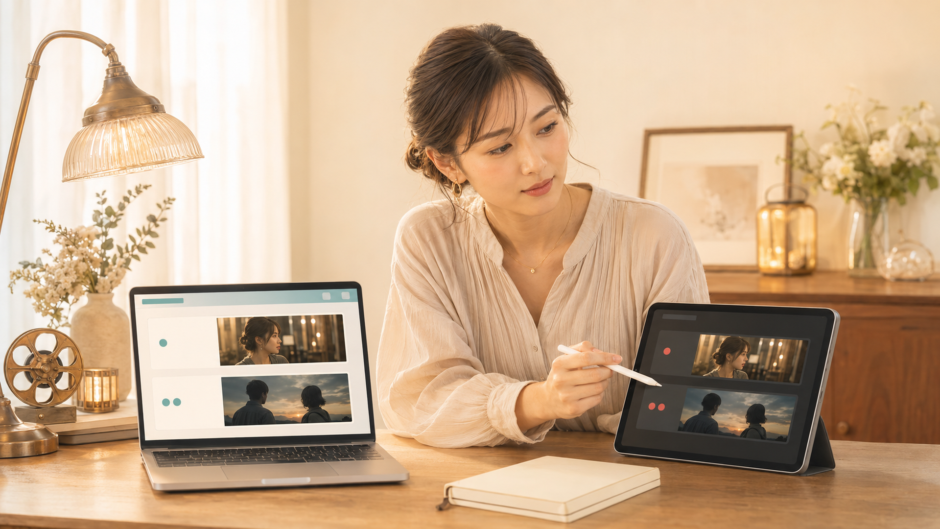 コインランドリーを背景にシャツとバッグとサンダルを並べた上品なドラマ衣装のイメージ
