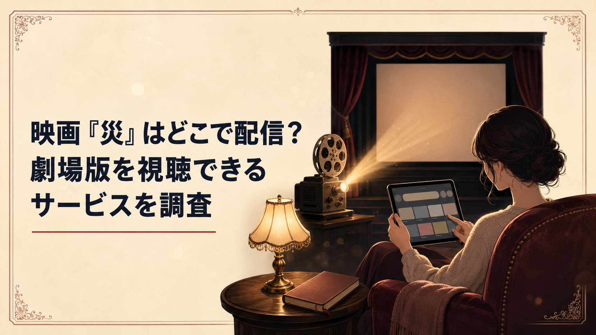 暗い映画館のスクリーンと動画配信サービスを確認する女性のシルエット
