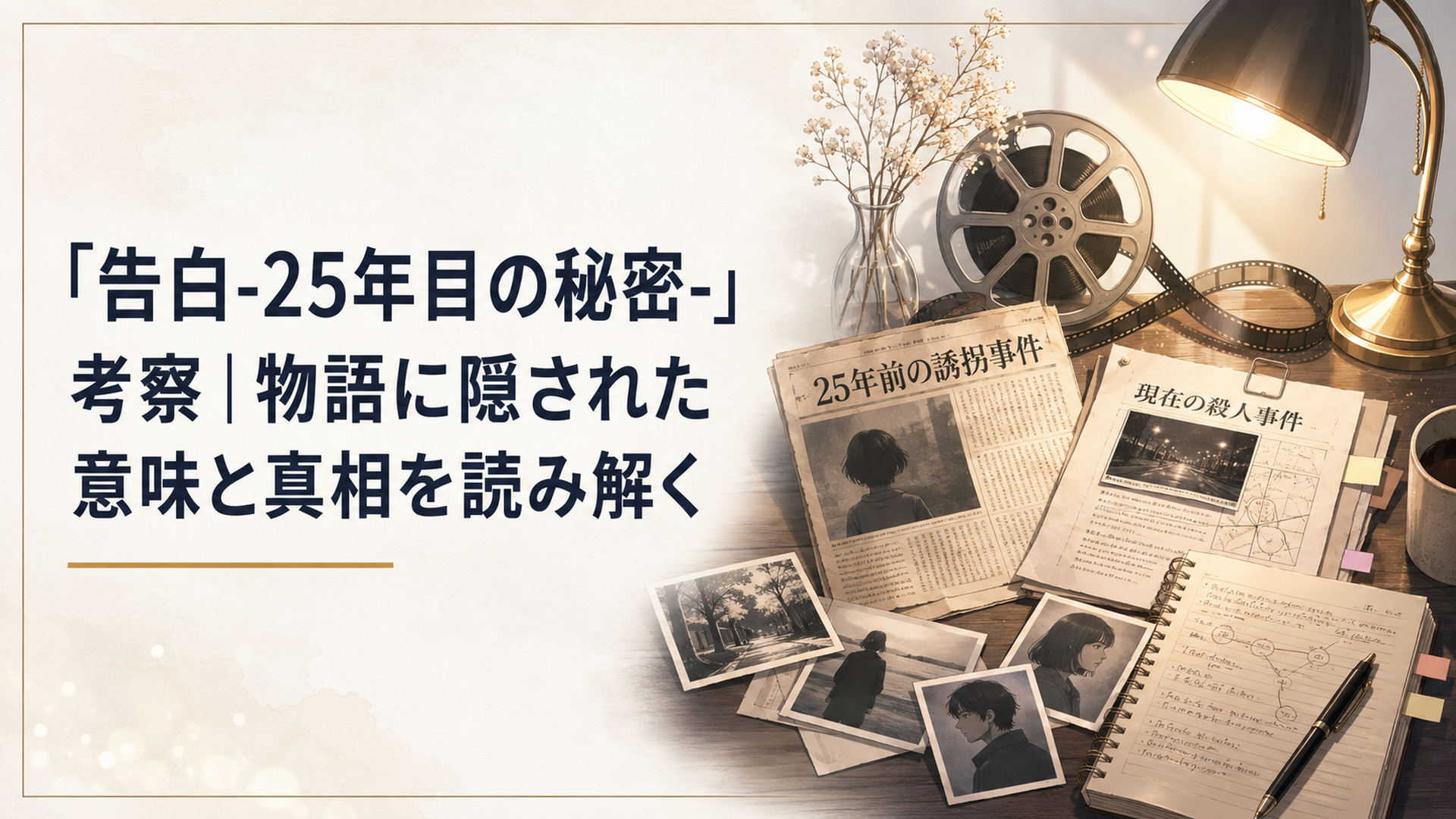 25年前の誘拐事件を記した古い新聞記事と現在の殺人事件資料、人物写真を机に広げて真相を考える静かなラブサスペンス風の場面