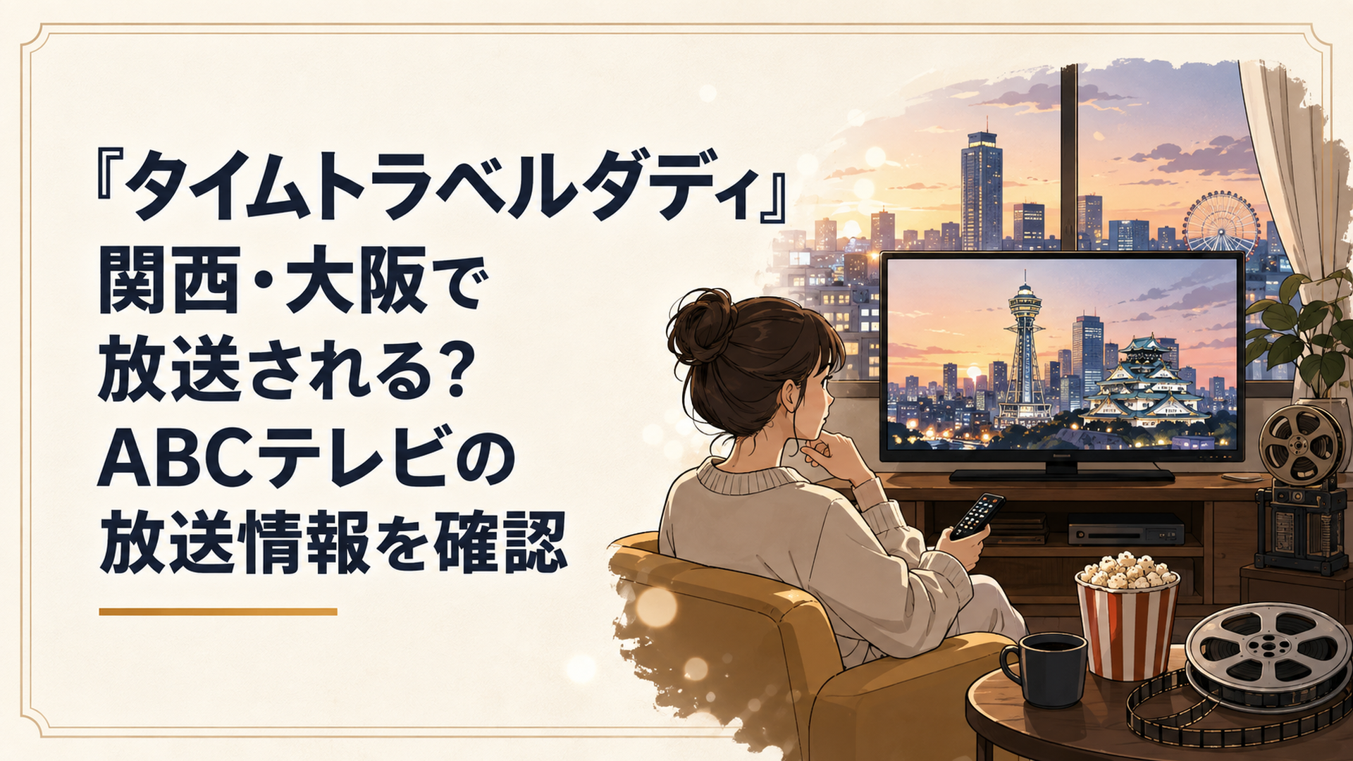 大阪の街並みとテレビ画面を背景に『タイムトラベルダディ』のABCテレビ放送状況を確認するイメージ