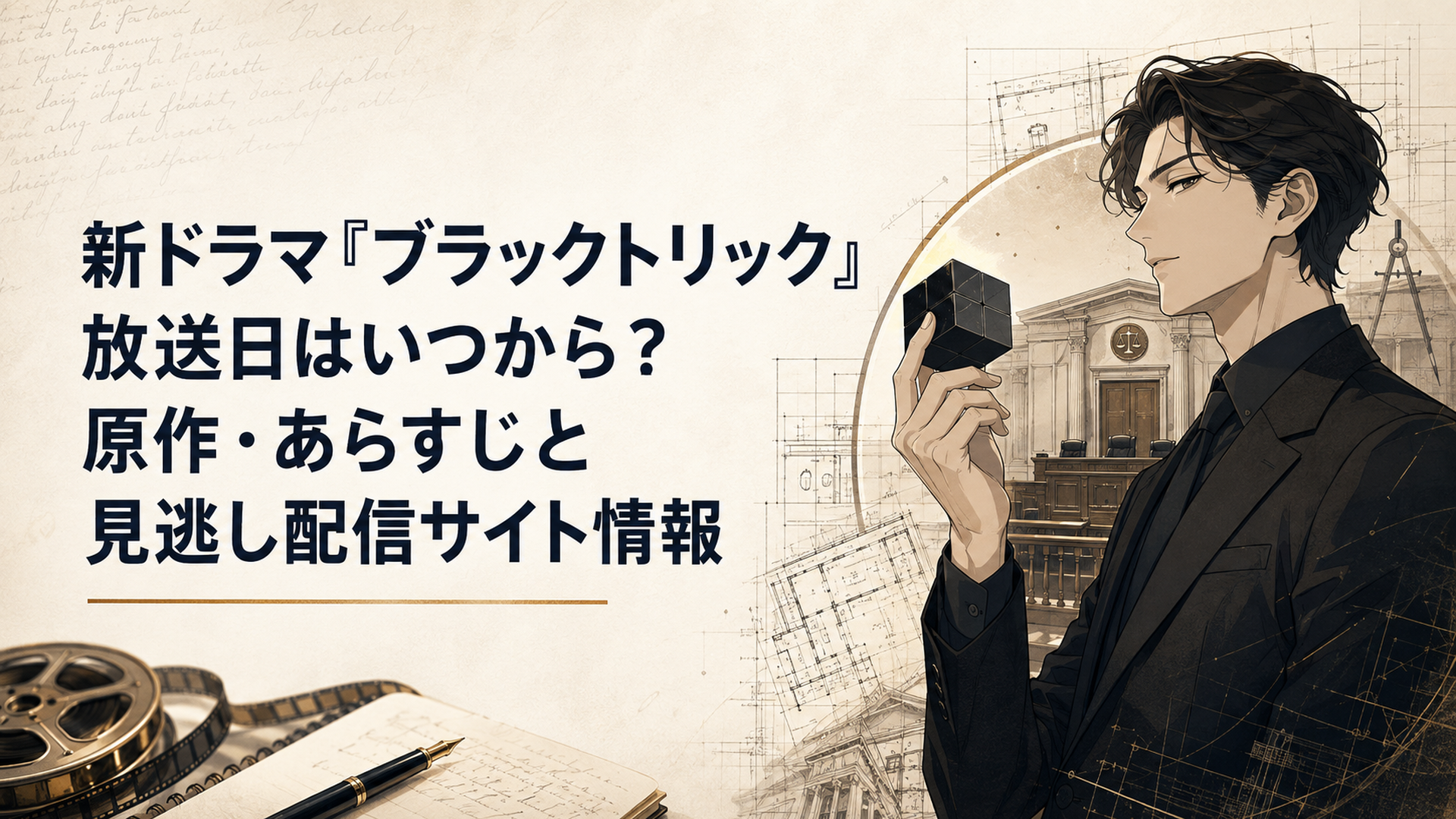 黒いポケットキューブを手にした異色の弁護士と法廷・建築設計図が交差するブラックトリックの世界観