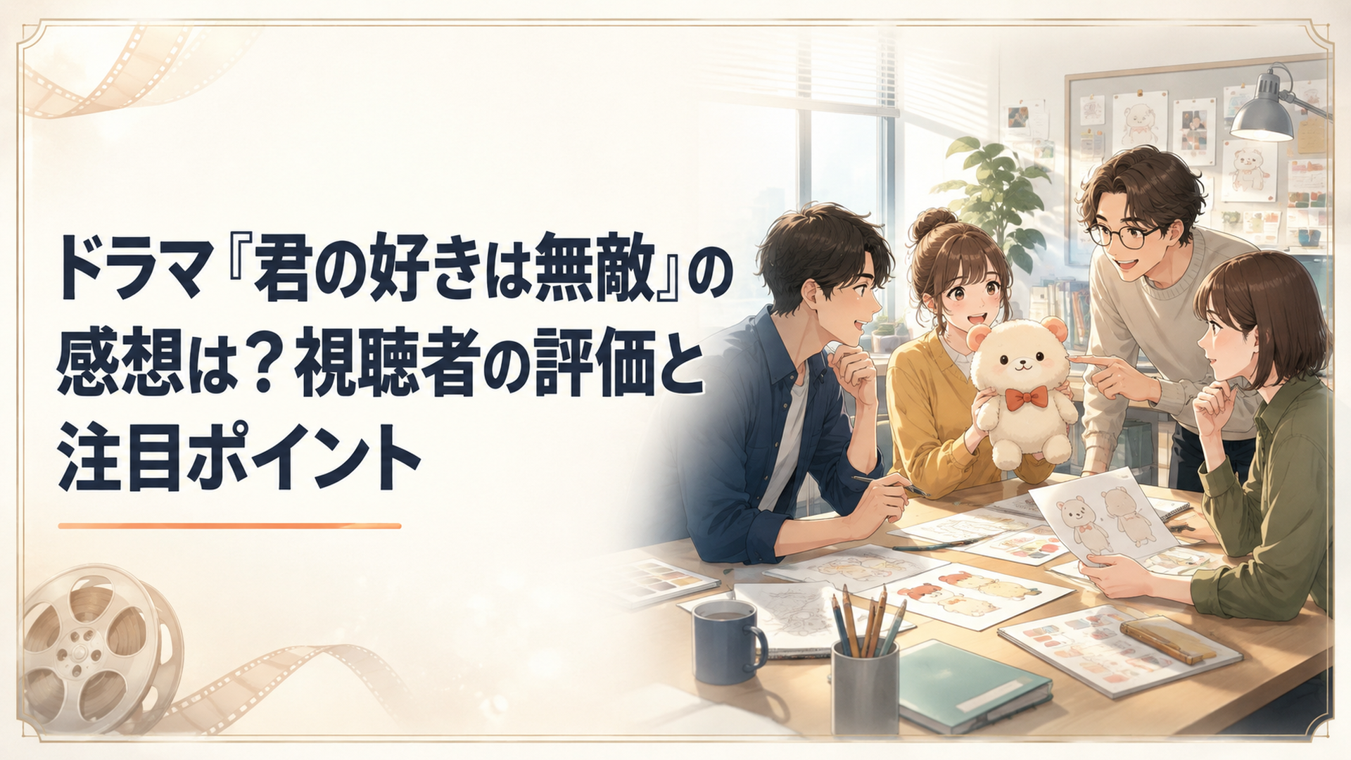 明るいキャラクターデザイン会社で新しいぬいぐるみを囲みながら意見を交わす男女を描いたドラマ風イメージ