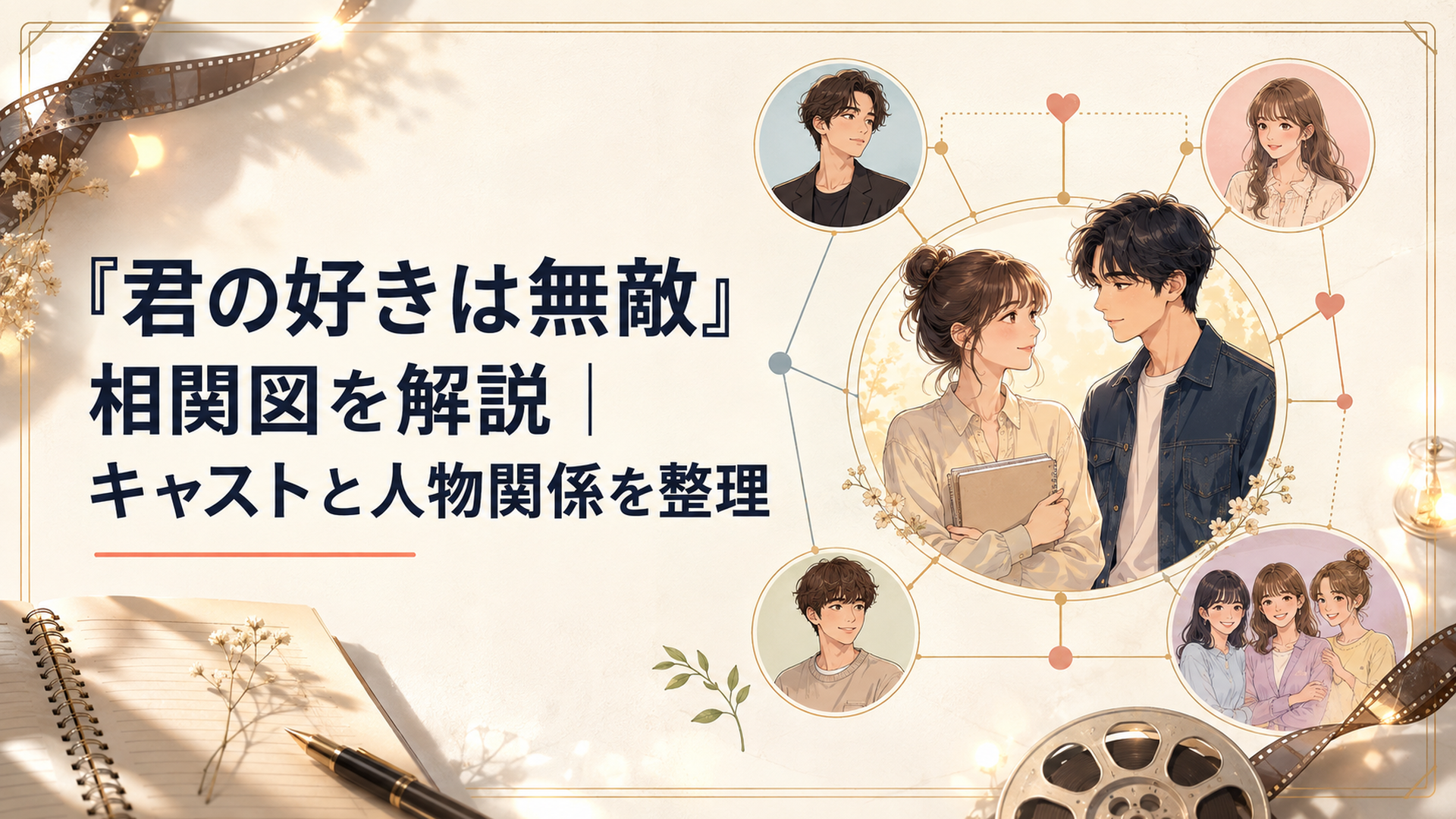 草壁杏奈と瀬尾深月を中心にデザイン瀬尾とMERRYの人物関係がつながる明るいドラマ相関図風の場面