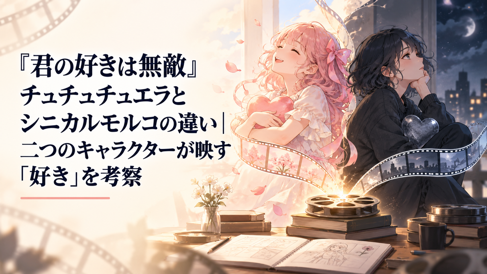 チュチュチュエラとシニカルモルコを左右に対比し、瀬尾の創作を源流に持ちながら異なる道を歩んだ二つのキャラクターを表す場面
